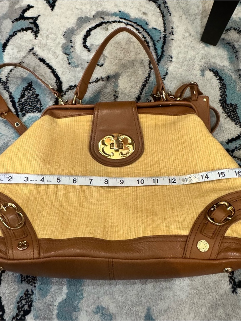 Emma Fox Straw Satchel with Tan Leather Trim and Gold Hardware - Picture 5 of 5